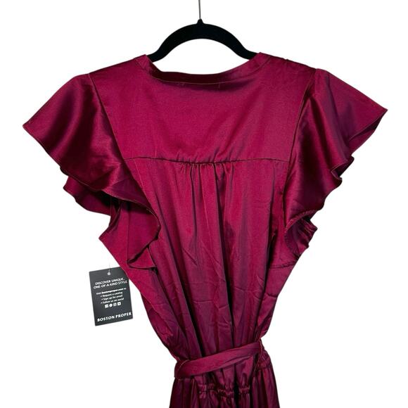 Boston Proper Ruffle Satin Tie Waist Midi Dress Cabernet Burgundy M Boho Retro - Picture 6 of 12